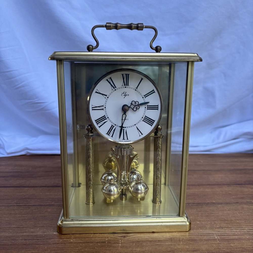 Vintage Elgin Quartz Anniversary Mantel Clock West Germany Brass Glass